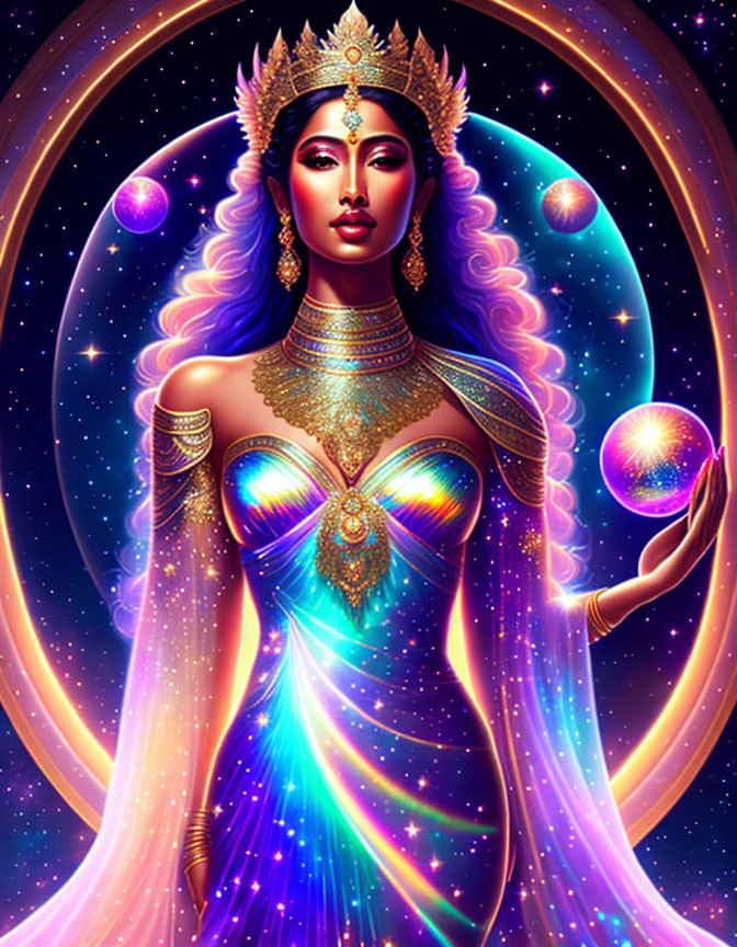 Stylized cosmic woman illustration with intricate crown and jewelry