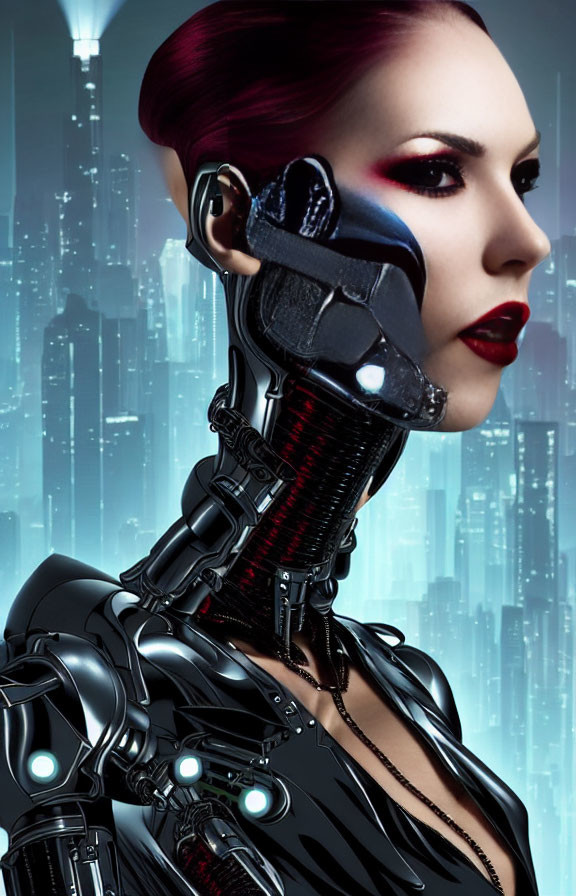 Female cyborg with cybernetic neck and jawline against futuristic city skyline