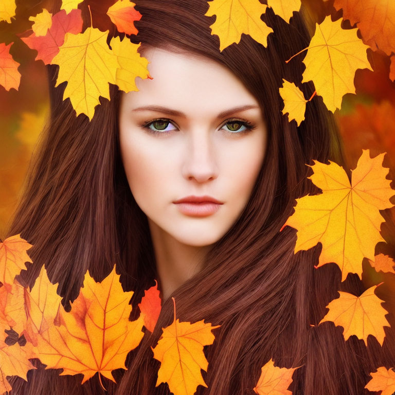 Woman with Long Brown Hair and Green Eyes in Autumn Setting