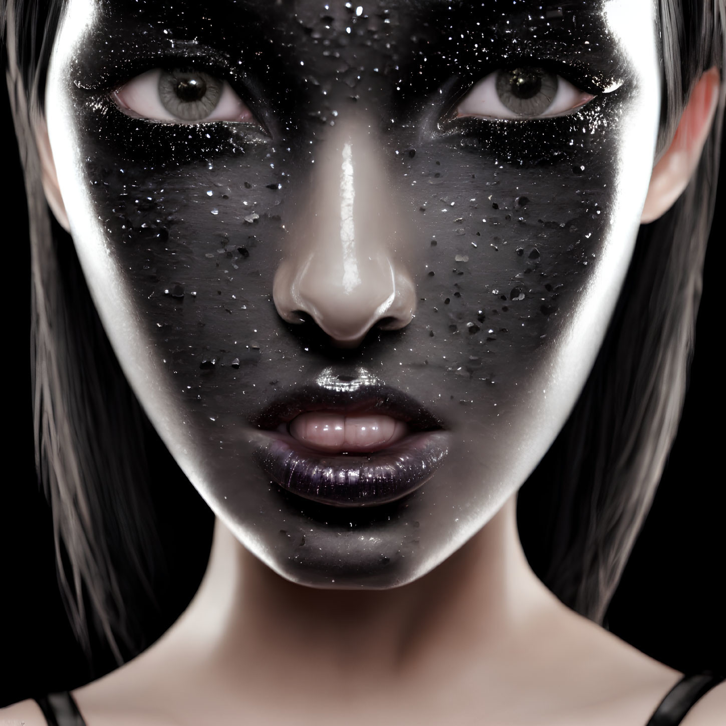 Glittery black makeup on eyes and cheekbones with glossy lips on a person against a dark background