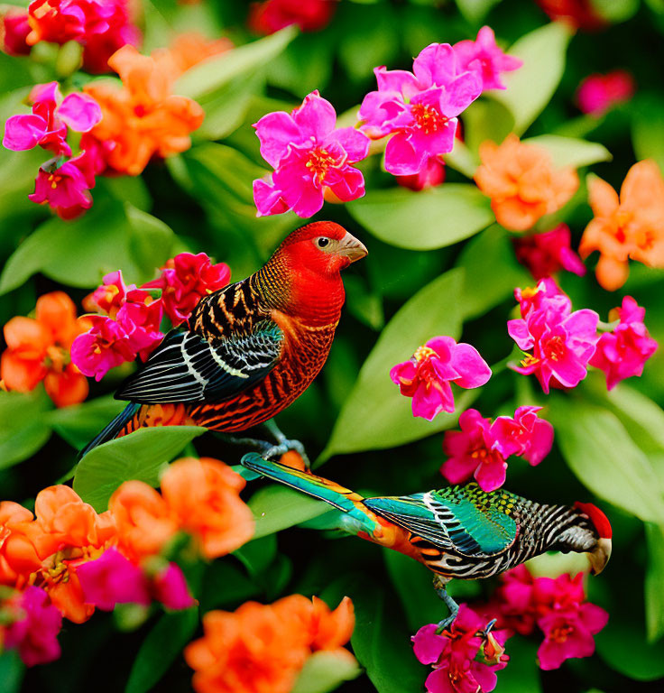 Colorful Birds Among Pink Flowers and Blue Tail Feathers