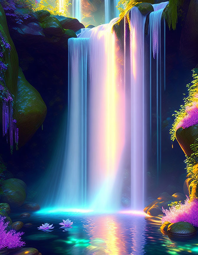 Surreal waterfall in lush foliage with radiant light and floating flowers