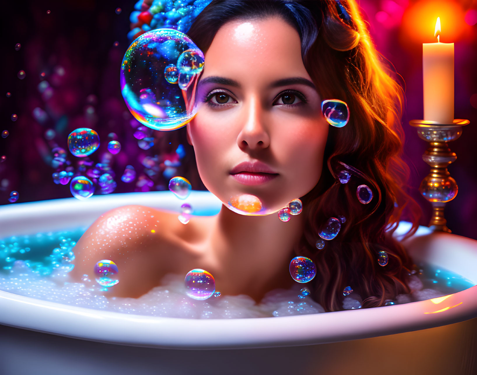 Woman in Bubble Bath with Soap Bubbles and Candle