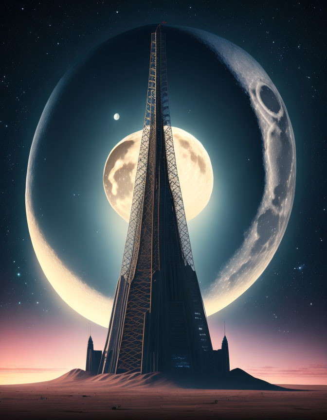 Towering skyscraper under alien moon in twilight landscape