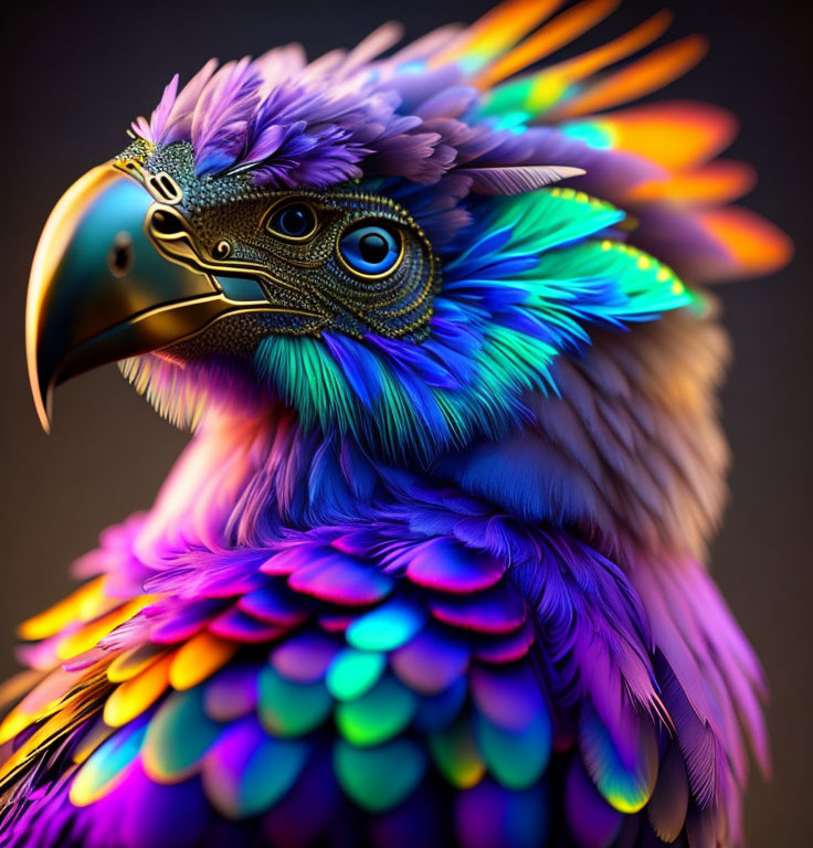 Colorful bird with mechanical eye and clockwork details