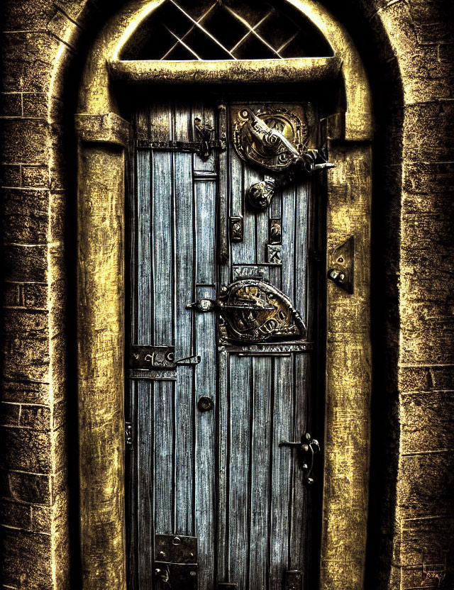 Weathered Wooden Door with Iron Details in Stone Archway