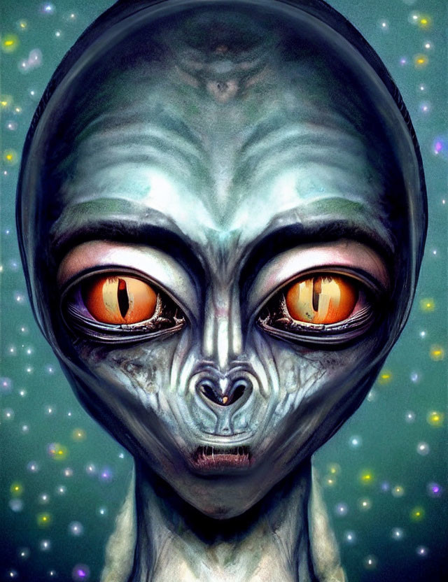 Alien illustration with large orange eyes and grey skin