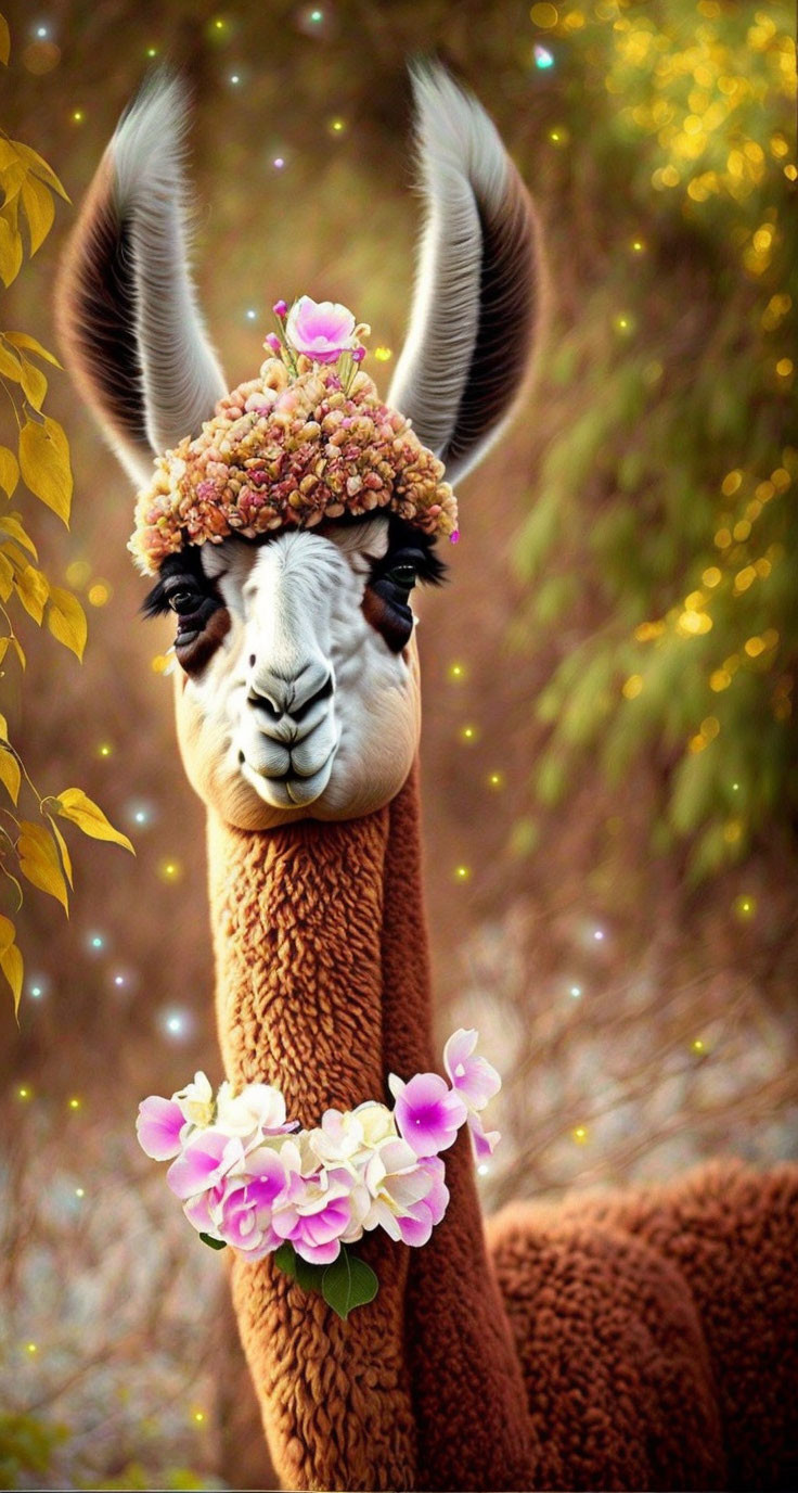 Adorned Llama with Flower Crown and Necklace on Golden Bokeh Background