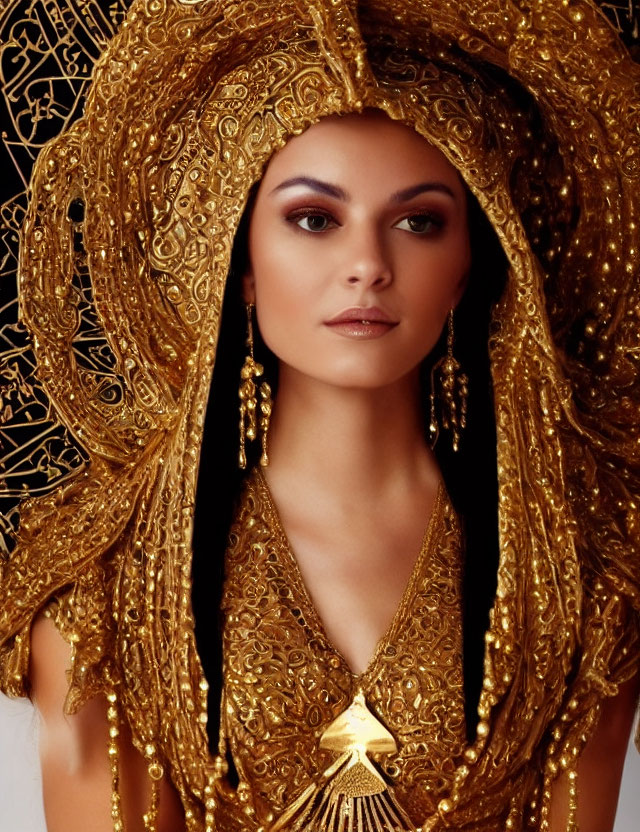 Intricate golden headpiece and jewelry on woman against dark background