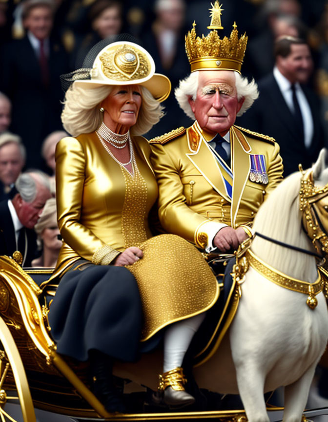 Regal individuals in golden robes on white horse-drawn carriage