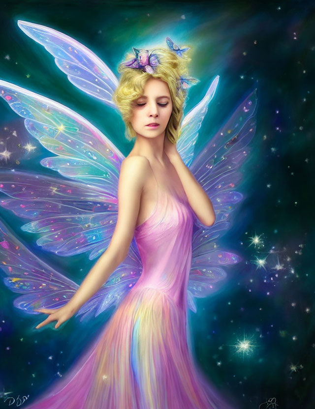 Luminous fairy with pastel dress in starry setting