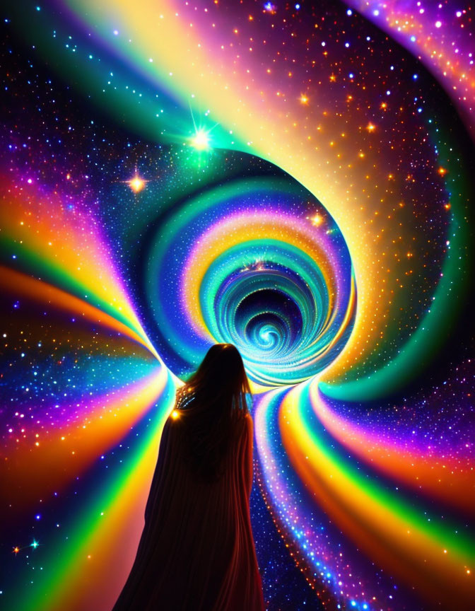 Silhouette of a person in front of vibrant cosmic vortex