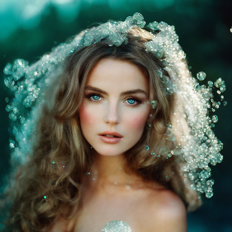 Wavy-haired woman with sparkles and shimmer on green background