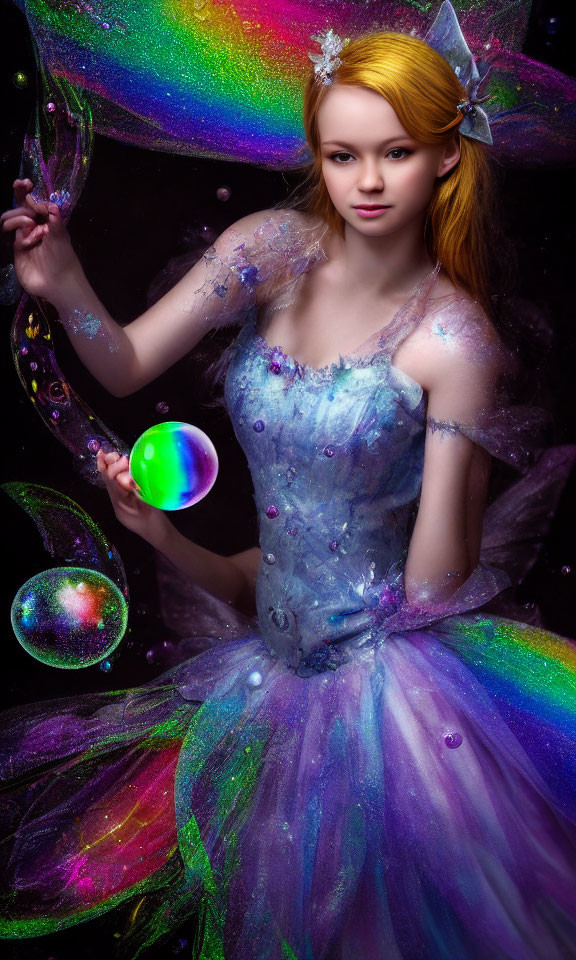 Iridescent fairy with glowing orb in colorful mist