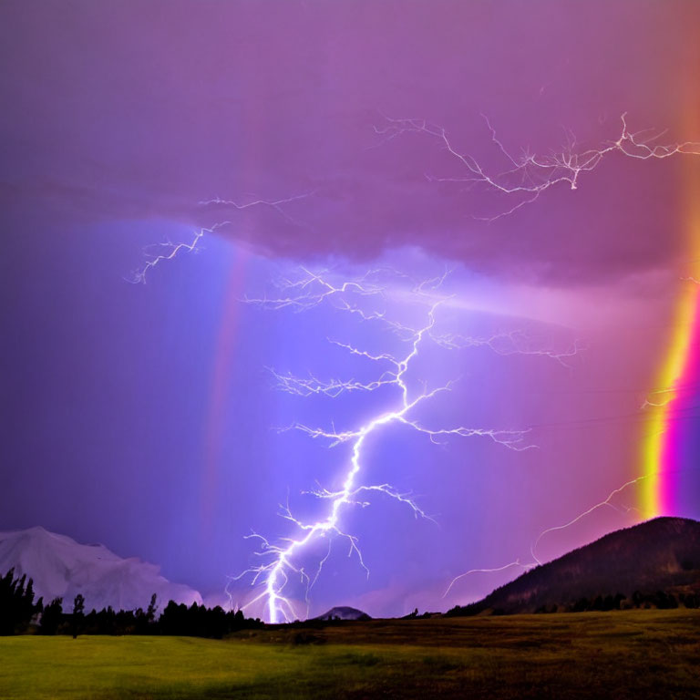 Vibrant rainbow intersects lightning bolts in twilight sky