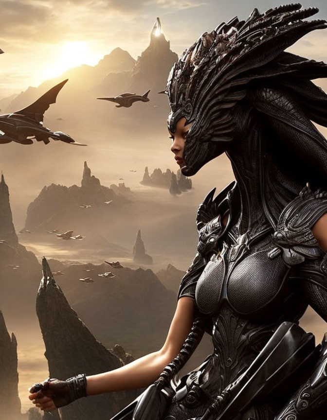 Woman in black armor with feathered headdress against misty mountains.