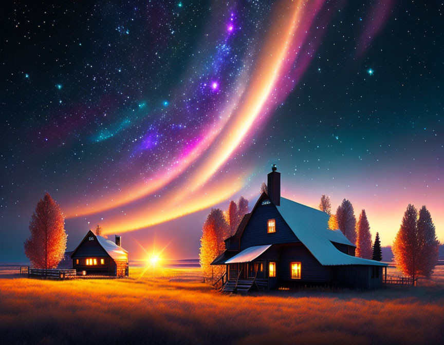 Vibrant aurora borealis over cozy rural house at night