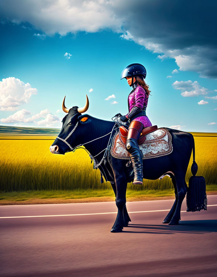 Child in helmet rides saddled bull in golden field under blue sky