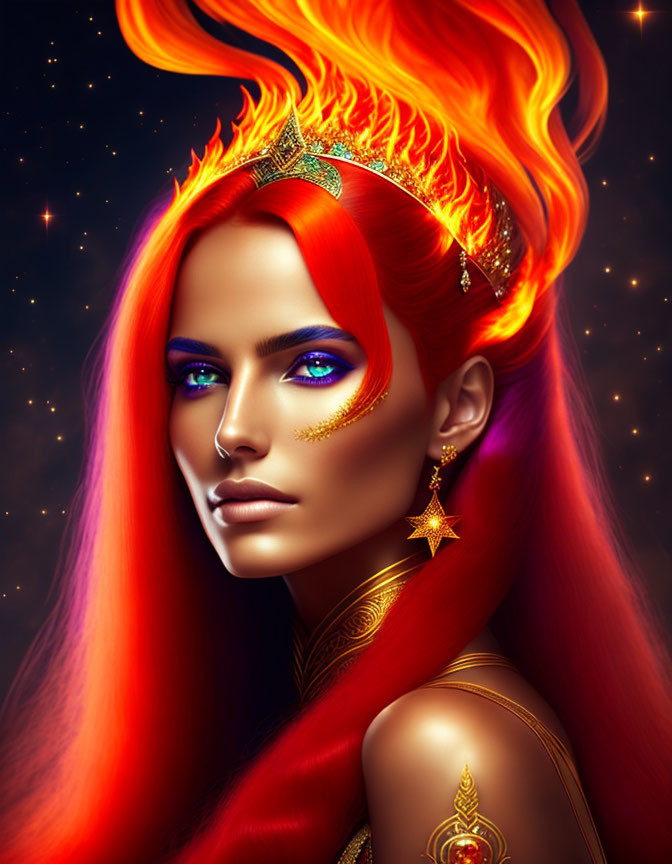 Vibrant digital artwork of woman with red hair, blue eyes, gold jewelry