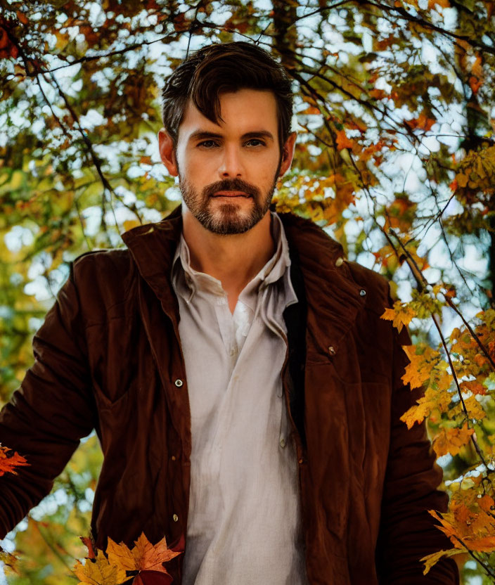 Man in Brown Jacket and White Shirt Standing Among Autumn Leaves