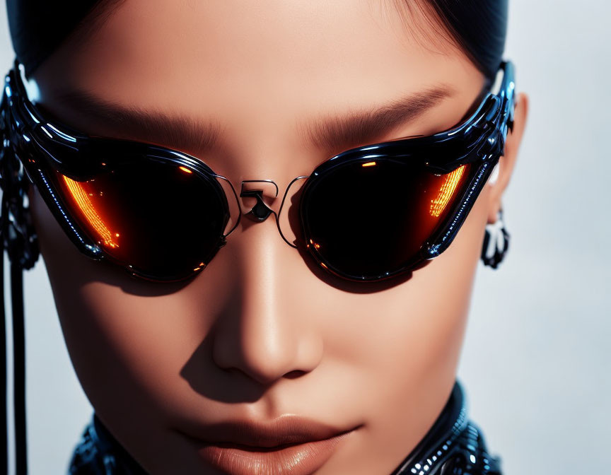 Close-up of person in reflective orange-lens sunglasses