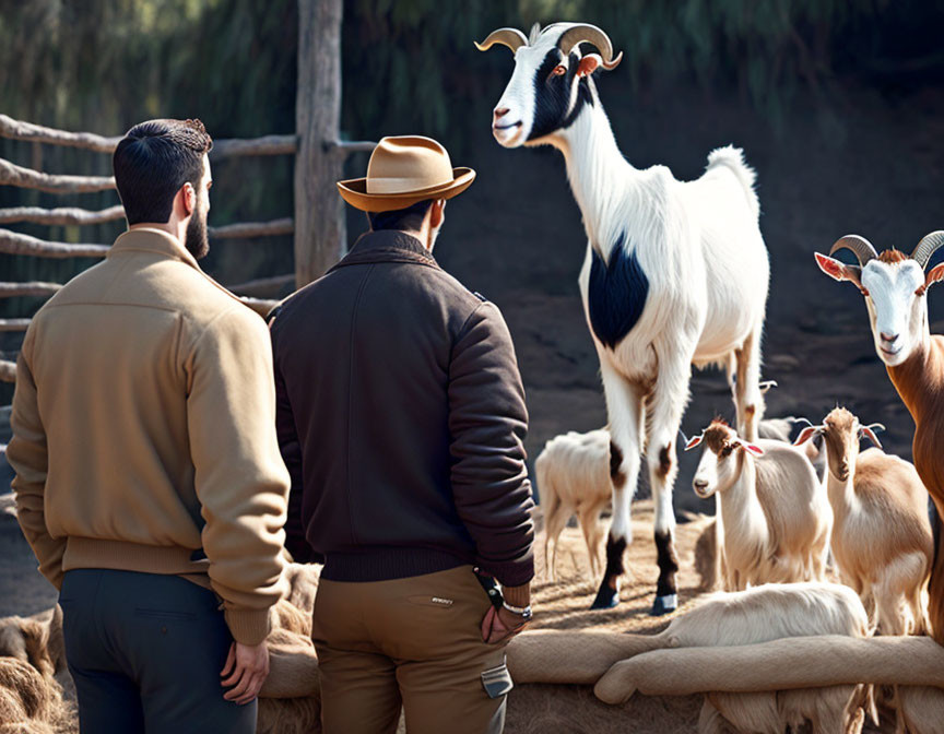 Two people watching goats near a fence, one goat on fence.