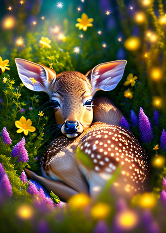 Tranquil fawn surrounded by vibrant flowers in soft sunlight