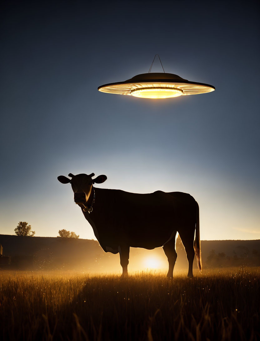 Cow in field at sunset with UFO silhouette above