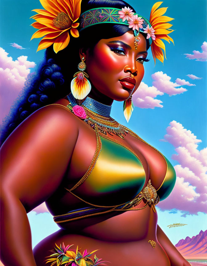 Illustrated woman adorned with golden jewelry and tropical flowers in hair against pink clouds and blue sky