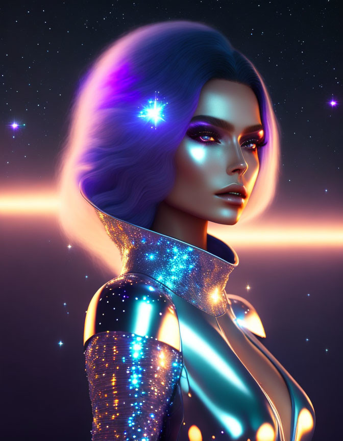 Digital art portrait of woman with glowing skin, purple hair, futuristic outfit.