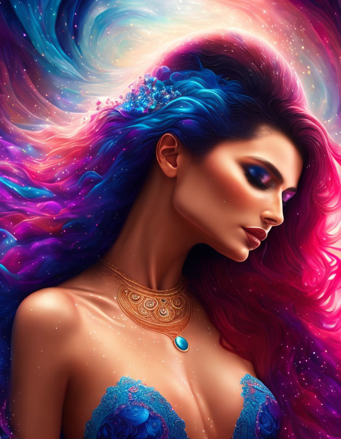 Colorful cosmic hair woman with jeweled crown and elegant attire