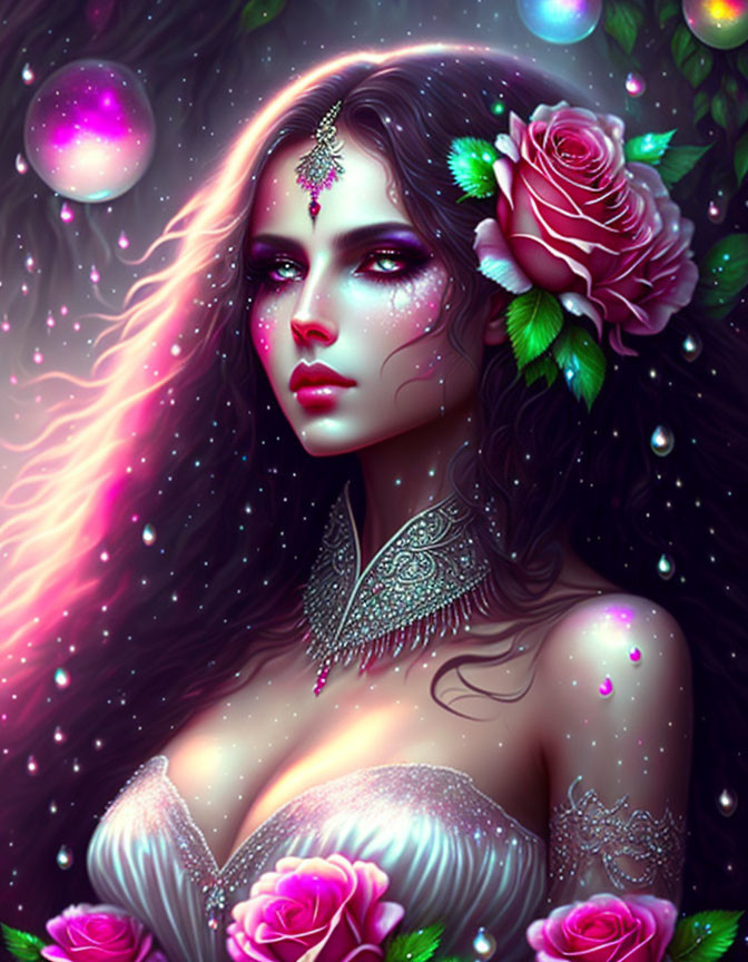 Fantasy illustration of woman with pink rose, sparkling skin, ethereal jewelry, starry background