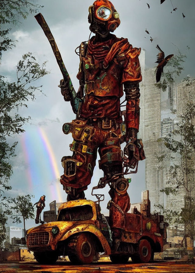 Giant robot with human on shoulder next to rusty truck in cityscape