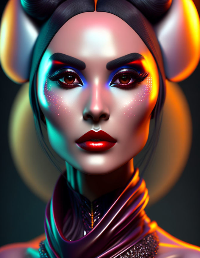 Digital artwork: Woman with glowing horns and futuristic outfit on dark background