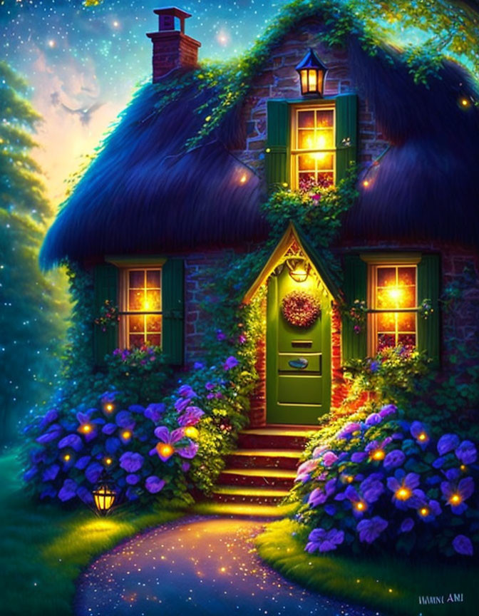 Thatched-roof cottage night scene with warm lights & lush surroundings