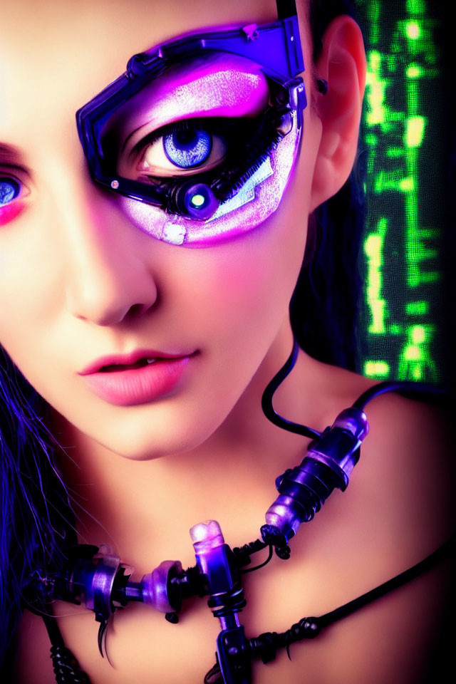 Futuristic woman with cybernetic eye makeup and monocle in green digital code landscape