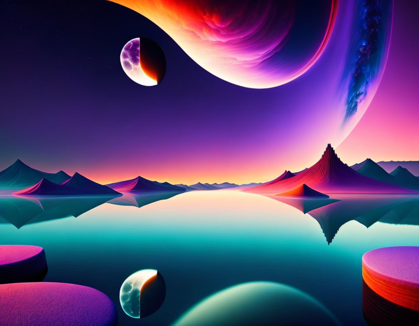 Colorful alien landscape with large planets and surreal terrains reflected in water