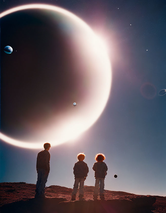 Children on rocky terrain gaze at ringed planet and moons in starry sky