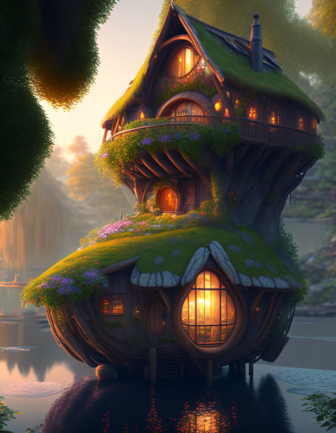 Glowing windows treehouse by tranquil riverside at dusk