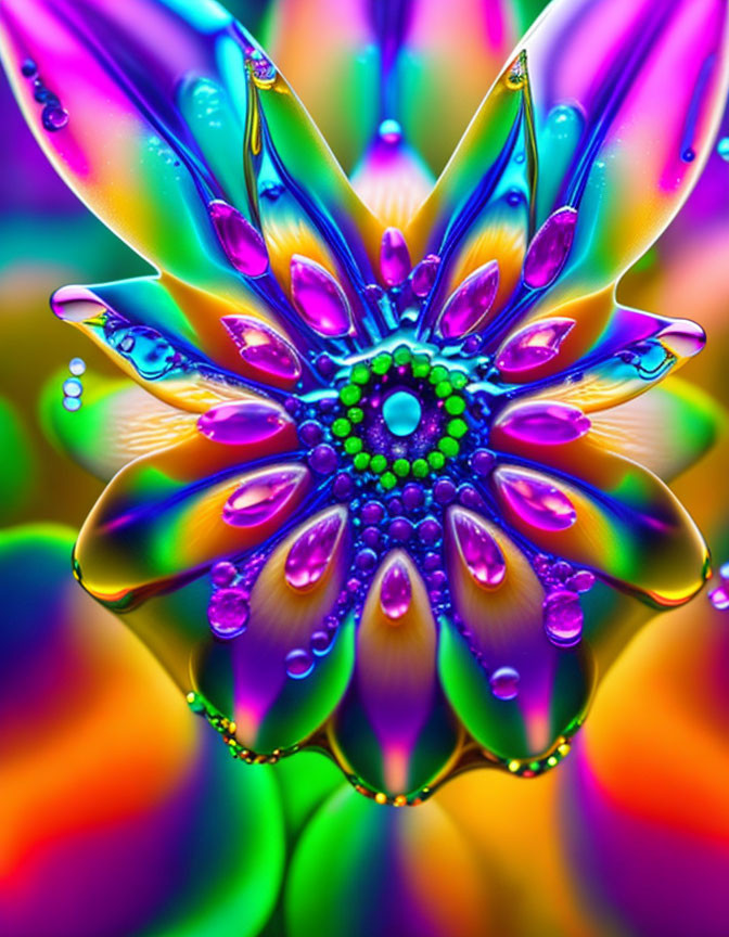 Colorful close-up water droplet photography with psychedelic flower patterns.