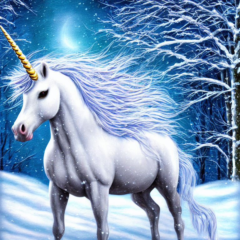 White Unicorn with Golden Horn in Snowy Landscape