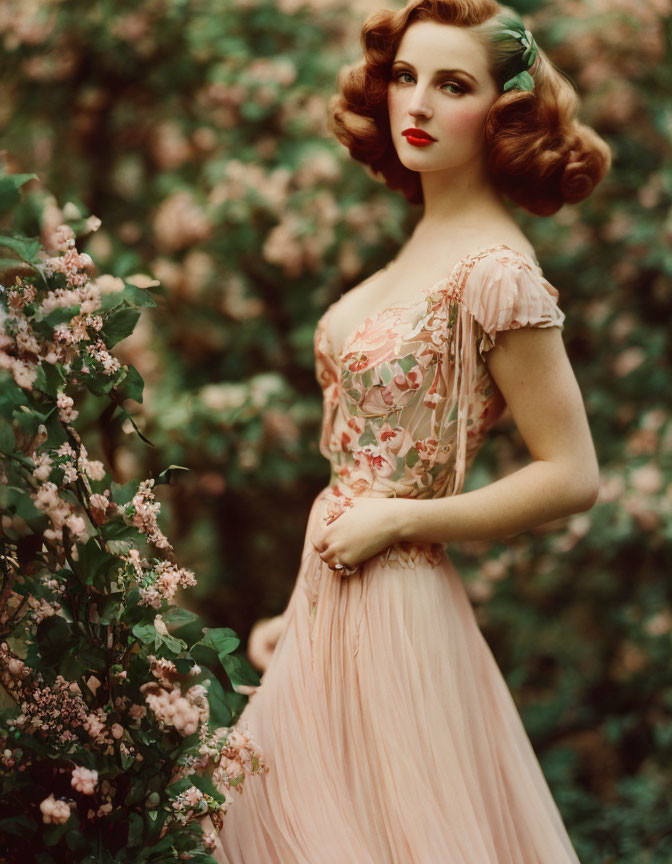 Vintage Peach Dress Woman with Red Hair in Floral Garden