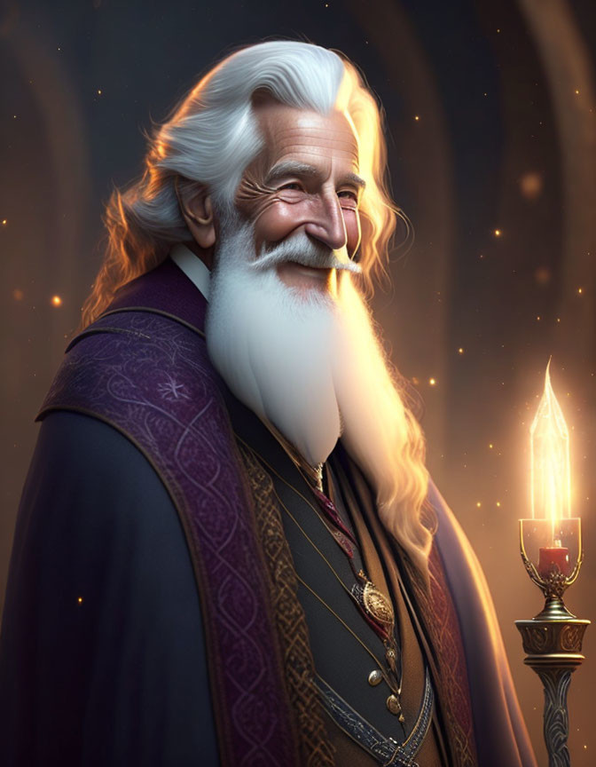 Elderly cheerful wizard with white beard and candlestick