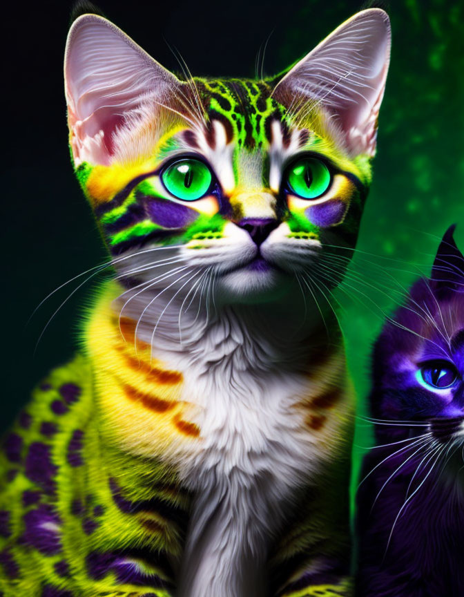 Colorful Digital Artwork Featuring Vibrant Cats in Yellow, Green, and Purple