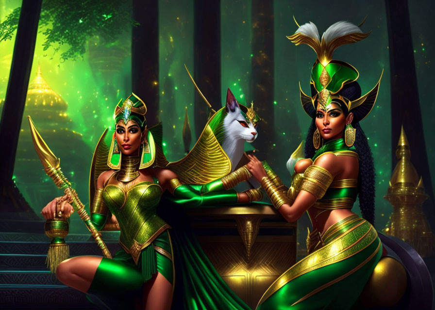 Stylized women in ancient Egyptian attire with cat in mystical setting