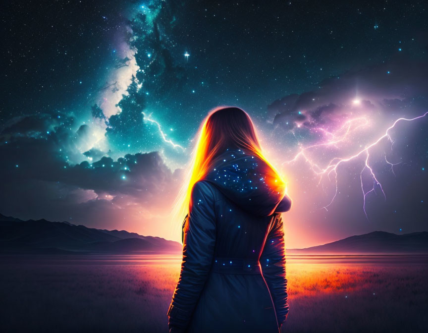 Hooded figure admires vibrant night sky with stars and lightning