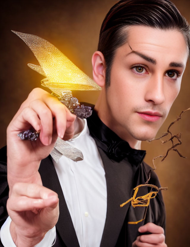 Man in Tuxedo Holding Glowing Dragonfly Object