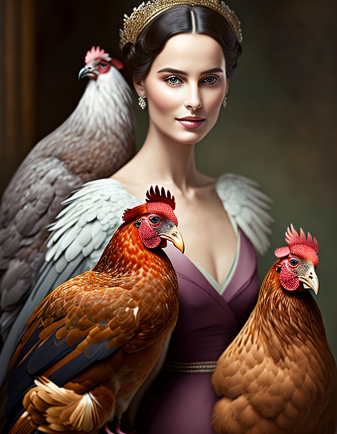 Woman with Tiara Poses with Three Chickens: Grey on Shoulder, Two Red Beside