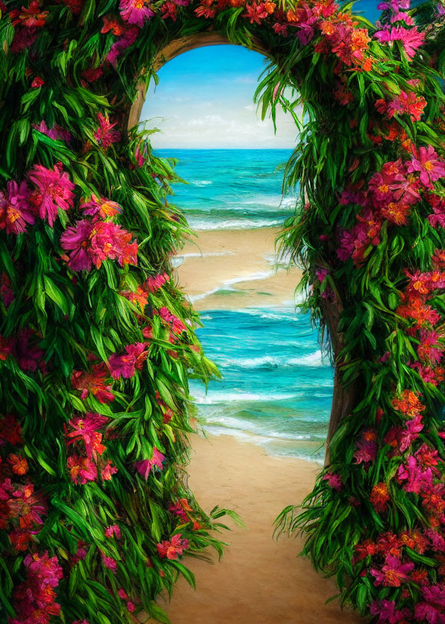 Green Foliage and Pink Flowers Frame Beach Gateway