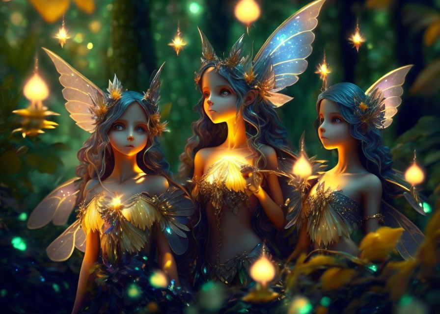 Ethereal fairies with glowing wings in mystical forest